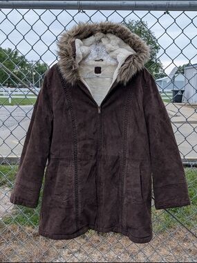 Wilson Brown Suede Hooded Coat with Faux Fur Trim XL